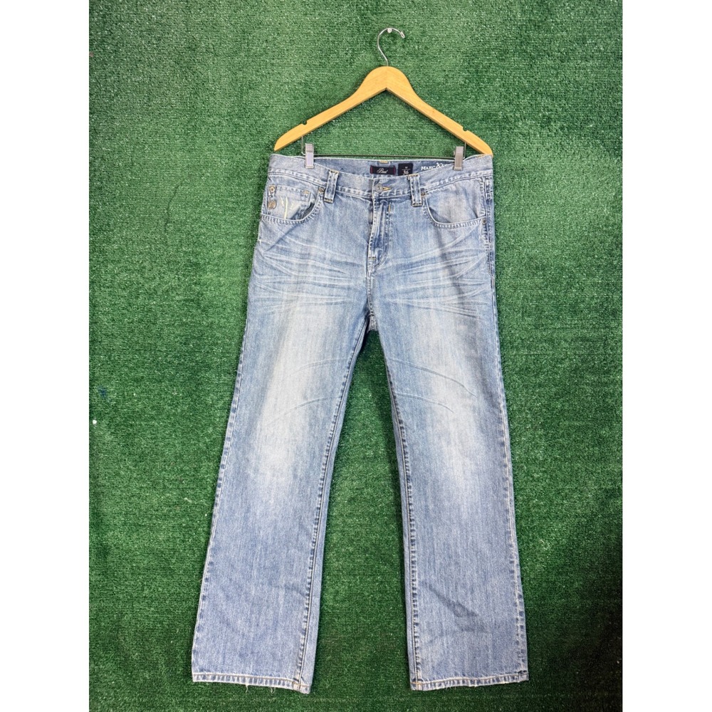 Marc Ecko Boot Cut Jeans Mens Size 36 Blue Denim Distressed Wash